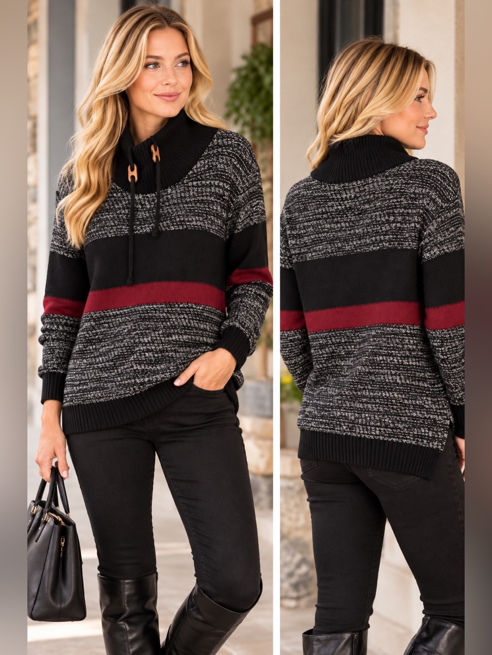 Point Zero Black Marled Cowl Neck Sweater with Burgundy Stripe
